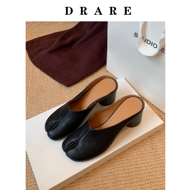 Sheepskin Version~Genuine Leather Retro Split-Toe Pig's Hoof High-Heeled Shoes with Chunky Heel and Closed Toe, Elegant and Simple Mule Shoes for Women