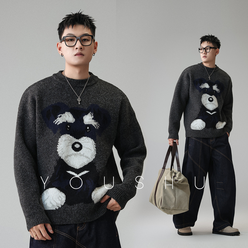 Youshu American-Style Trendy Brand Round-Neck Pullover Sweater for Men, Autumn and Winter 2026 New Design, Soft and Cute Pet-Themed Thick Knit Sweater