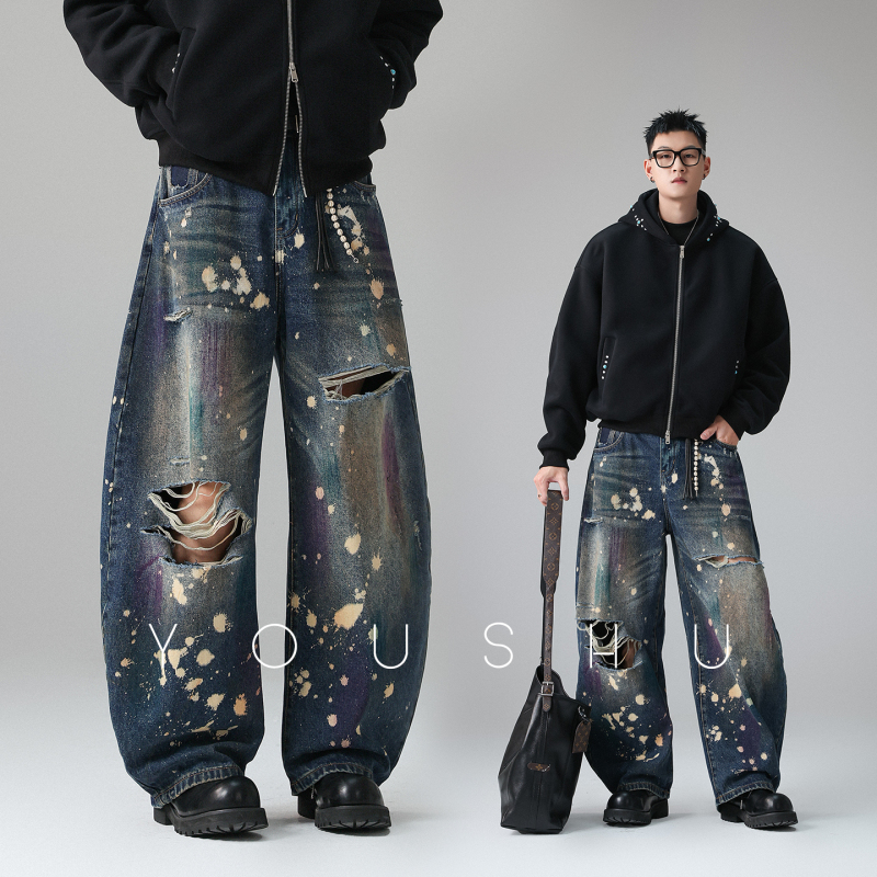American-Style Trendy Brand Washed and Distressed Splatter-Dyed Ripped Curved Knife-Cut Jeans for Men, New Spring Wide-Leg Trousers