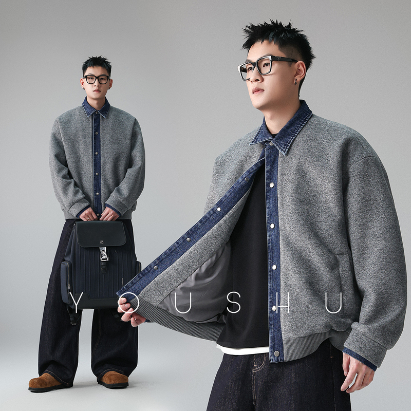 American Retro Sheep Wool Blend Denim Patchwork Lapel Jacket for Men, New Spring Trendy Brand Color-Blocked Coat American Retro Sheep Wool Blend Denim Patchwork Lapel Jacket for Men, New Spring Trendy Brand Color-Blocked Coat