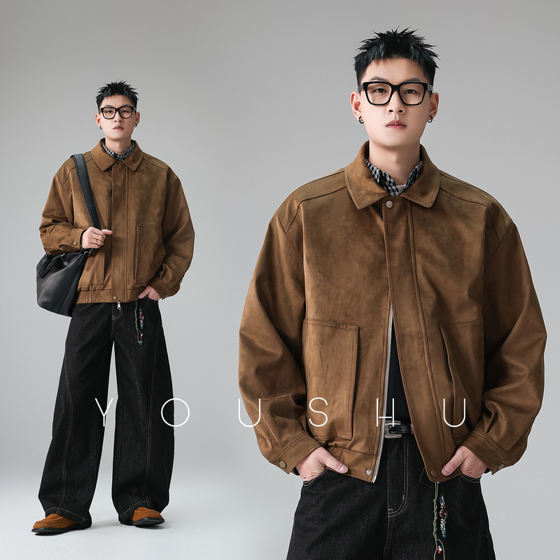 American Retro Original Design Workwear Suede Jacket for Men 2026 Spring New Large Pocket Lapel Coat