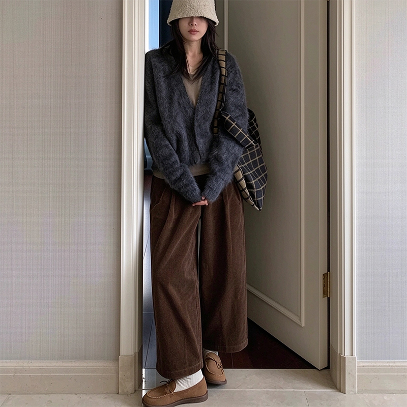 155cm Deep Brown Corduroy High-Waisted Wide-Leg Balloon Pants for Petite Pear-Shaped Figures, Cropped Fleece-Lined Casual Pants for Autumn and Winter