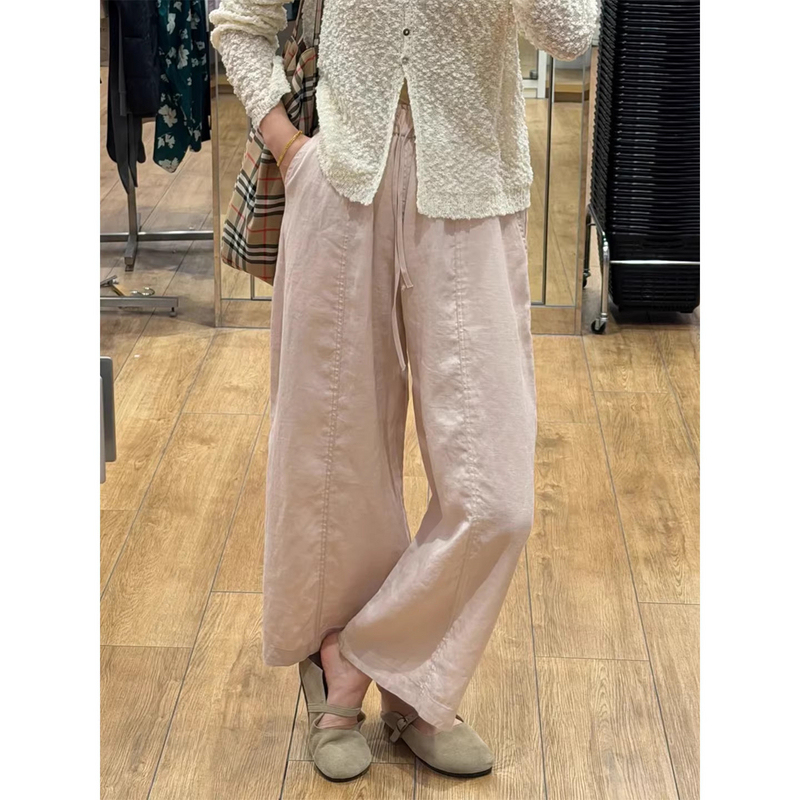 Korean-Style Pink Wide-Leg Harem Pants, Summer Thin High-Waisted Loose Slimming Balloon Straight-Leg Cropped Pants for Petite Individuals
