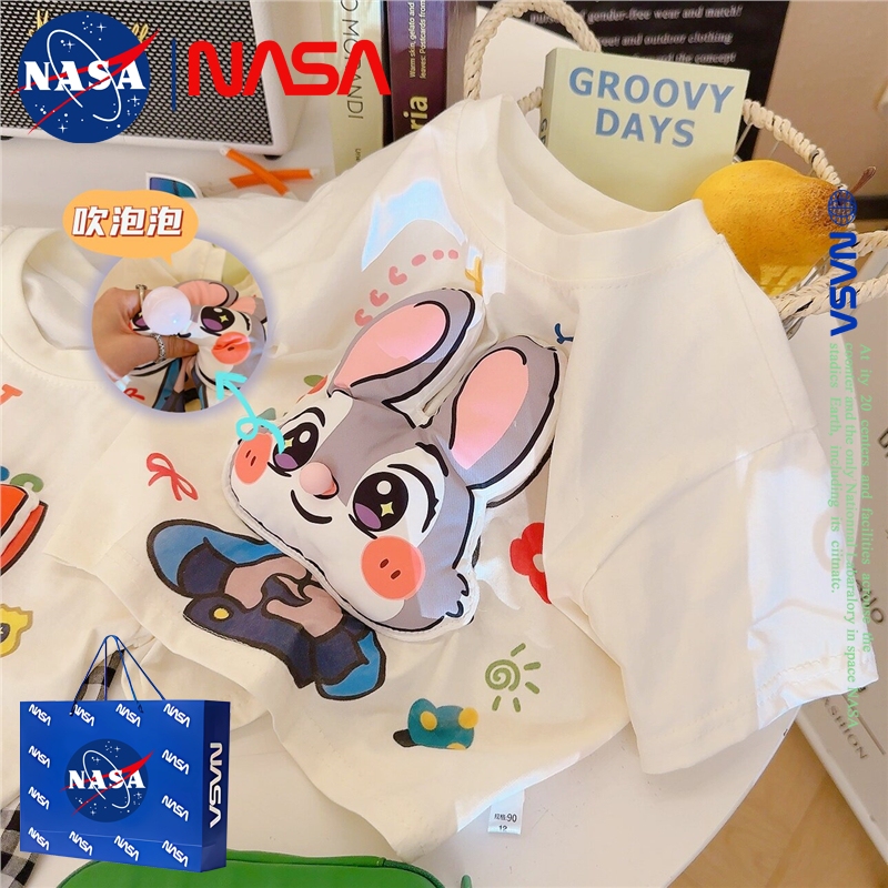 Nasa Cartoon Design 3D Stereo Doll Squeeze Toy Bubble Blowing Children's Short-Sleeve T-Shirt Baby Pure Cotton Top Summer