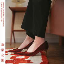 Happy Park wedding shoes red high heels Joker Bride wedding shoes French heels single shoes Chinese bridesmaid shoes