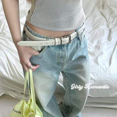 Minimalist style, simple new silver-buckle faux PU leather leather strap, women's faux leather strap jeans, black thin waist strap