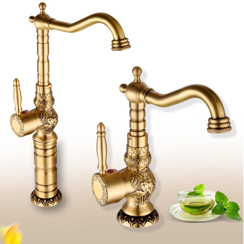 Antique faucet Carved basin hot and cold water longtop mortar single handle single hole plus height brass European style rotation
