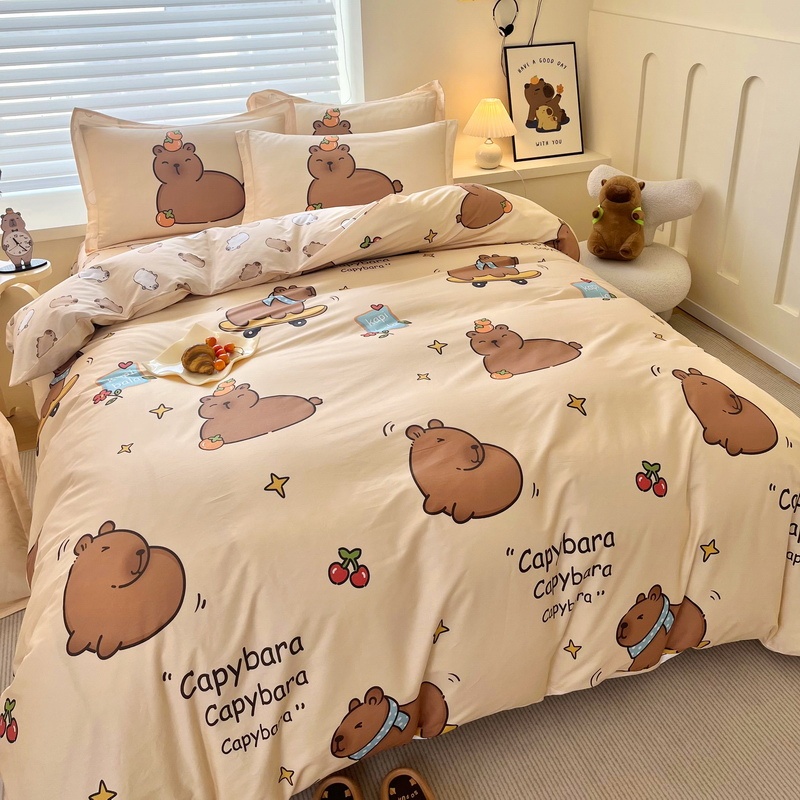 Kapibala Pure Cotton Bed Four-Piece Set 100% Cotton Kidsren's Cute Fitted Bed Sheets Quilt Cover Three-Piece Set for Girls 4