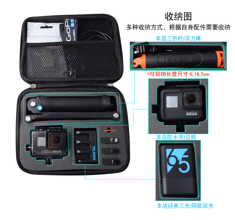 TELESIN phụ kiện gói nhập học Đối với GoPro Hero7 / 6/5/4 không thấm nước túi máy ảnh kỹ thuật số cầm tay hộp - Lưu trữ cho sản phẩm kỹ thuật số hộp đựng airpod pro