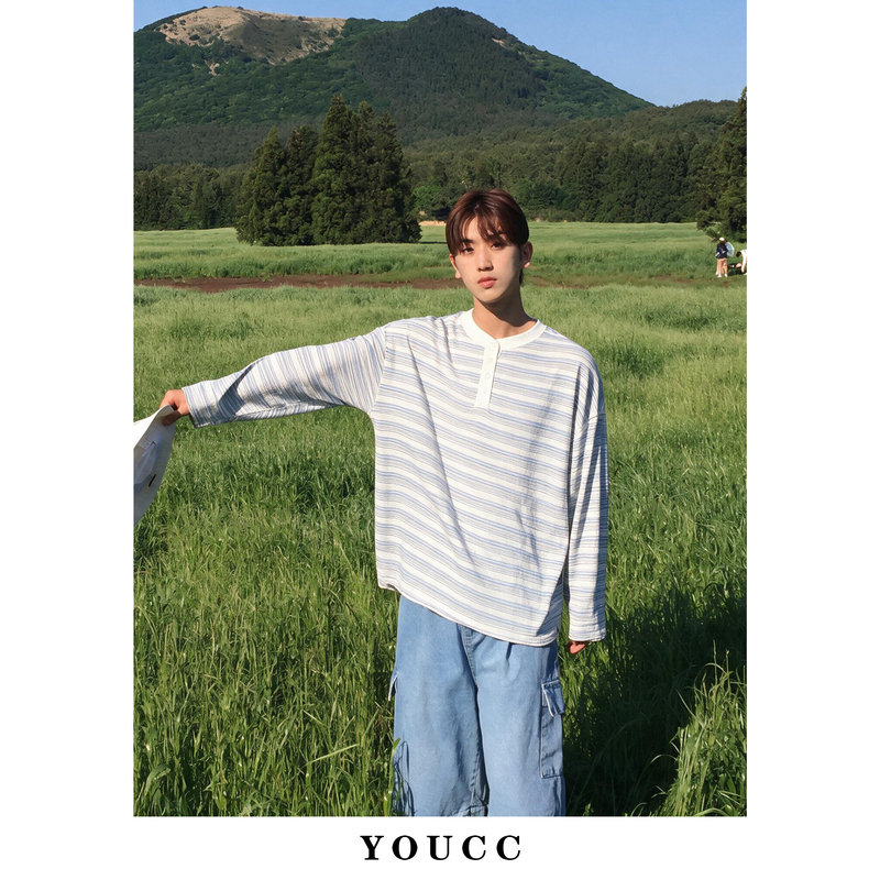 Youcc Early Autumn Henry Collar Striped Long-Sleeve T-Shirt for Men and Women, Niche Loose-Fitting Lazy Style, Suitable for Photo Shoots, Inner Wear Top