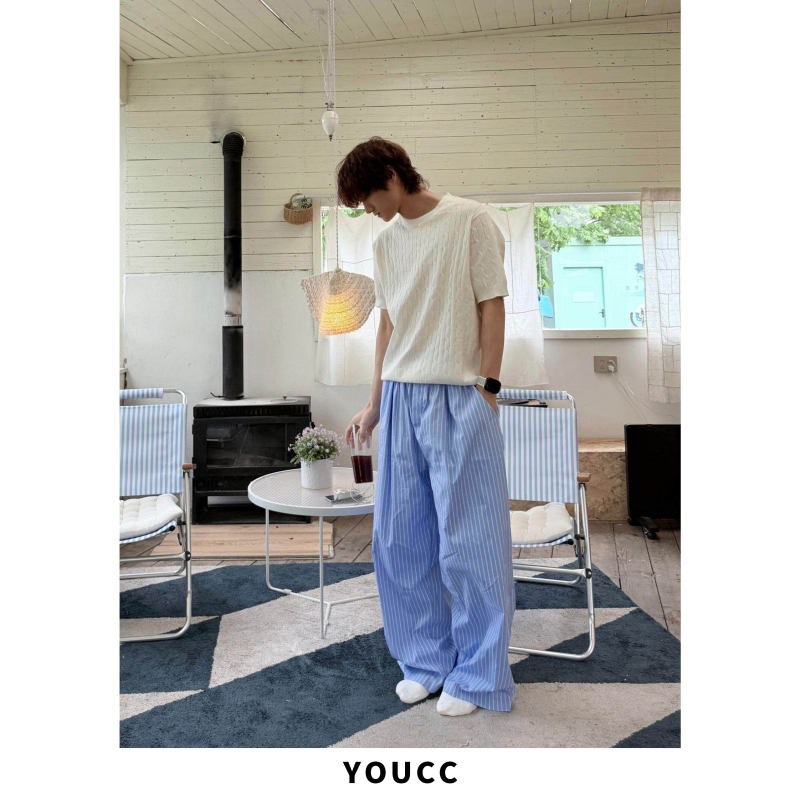 Youcc Niche Blue Vertical Striped Casual Pants for Men, Home Vacation Sleep Pants, Wide-Leg Long Pants with a Sense of Design, Straight-Leg Pants