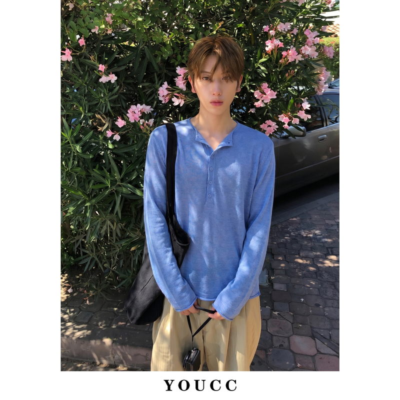 Youcc Lyocell Blue Lightweight Rolled Edge Long-Sleeve T-Shirt Vacation Pajamas Henry Collar Linen Sun Protection Top for Men and Women