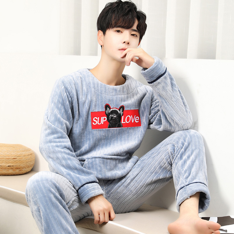 Coral fleece pajamas men's winter winter autumn padded plus velvet household clothing long sleeve flannel men's autumn winter spring and autumn