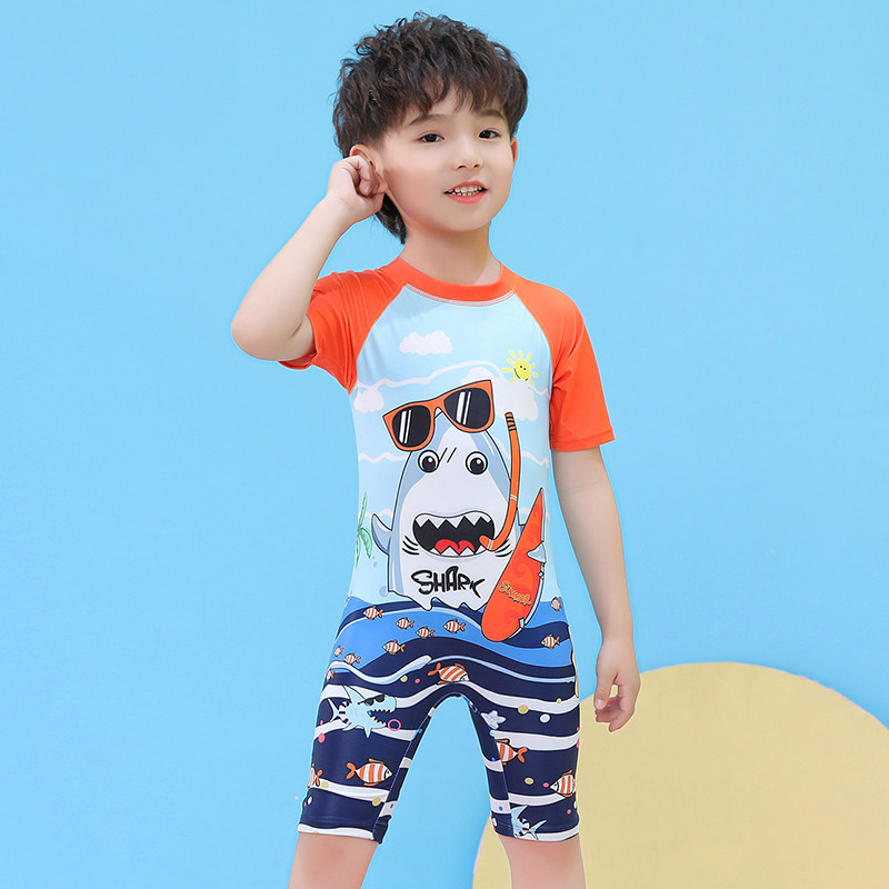 Children's swimsuit Boys shark one-piece swimsuit Sunscreen baby quick-drying swimming trunks set Boys children Middle and large children