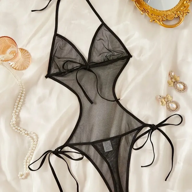 [Private Post] European and American Lace Leopard Print One-Piece Lingerie Mesh See-Through Sexy Tight-Fitting Bra and Thong Set