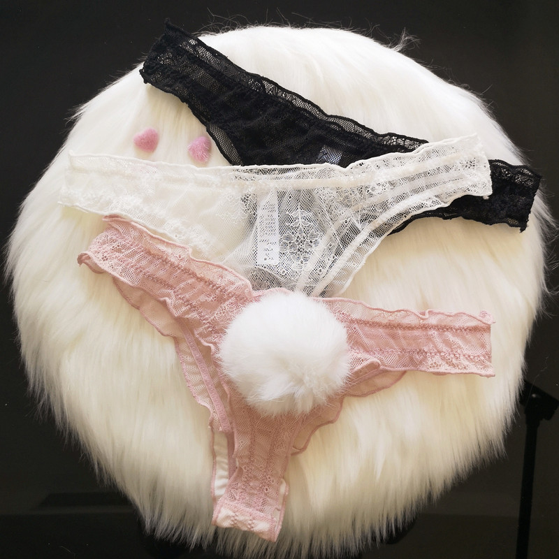 【Private Post】Sexy T-Back Panties with Contrasting Cute Bunny Tail, Lace Fox Tail Short Tail Underwear for Women