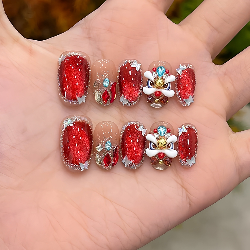 【Happy Lion Dance】Handmade Wearable Nails 3D Iridescent Cat Eye Manicure New Year Atmosphere Red Nail Stickers