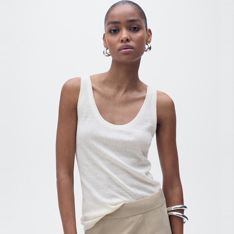 Linen Tank Top French Style British Thin Strap Cotton Top Camisole Sexy White U-Neck Ribbed Export