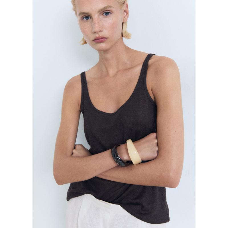 Linen Tank Top French Style British Thin Strap Cotton Top Camisole Sexy White Large U-Neck Ribbed Export