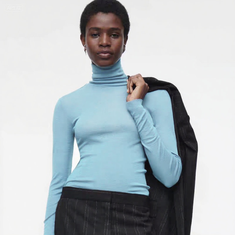 Merino Wool Blend Sweater, Turtleneck, Regular Style, Sky Blue, Slim Fit, Cashmere Knit Top, Base Layer