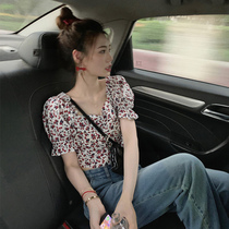 2022 new womens dress with high level sense of pure desire short sleeve t-shirt female summer square collar small cherry short blouses