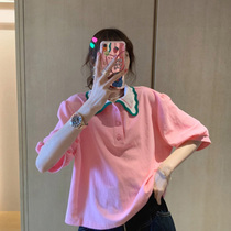 2022 womens new positive shoulder pink polo collar t-shirt female short sleeve summer loose pure cotton reduced age Dont make blouses
