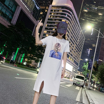 Short sleeve long open fork t-shirt dress woman loose big code Korean version expats slim 2022 new summer overknee dress foreign air