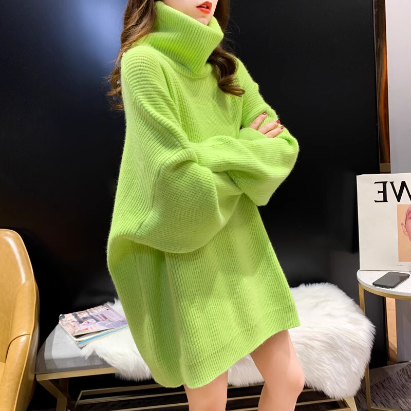 Trendy Green Turtleneck Sweater for Women, Autumn and Winter 2026, Thickened, Loose-Fitting, Lazy Style, Korean Version, Pullover Base Shirt
