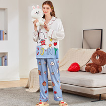 Fentengs new pajamas ladies spring long-sleeved simple imitation silk homewear two-piece set can be worn thin cute cartoon