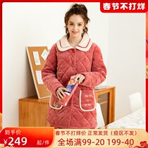 Fenton Pajamas Women's Winter Warm Three Thickened Coral Fleece Cotton Lapel Cute Flannel Home Clothes Set