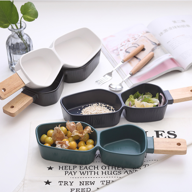 Nordic tableware two-grid bowl with wooden handle homestay snack snack snack french fries pot one person eat geometric plate
