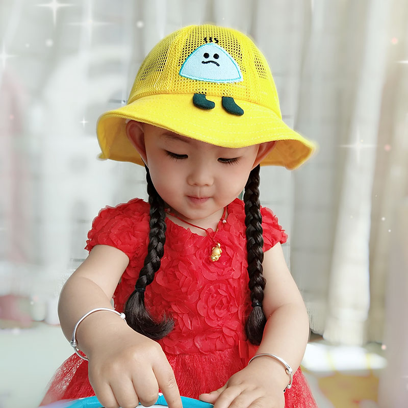 Children wig small yellow hat baby Summer thin mesh sunscreen Sunshade Princess Little braid fishing basin hat