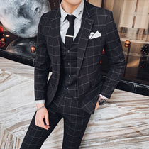 Dian suit suit mens three-piece Korean slim plaid formal dress Business Casual groom dress British small suit