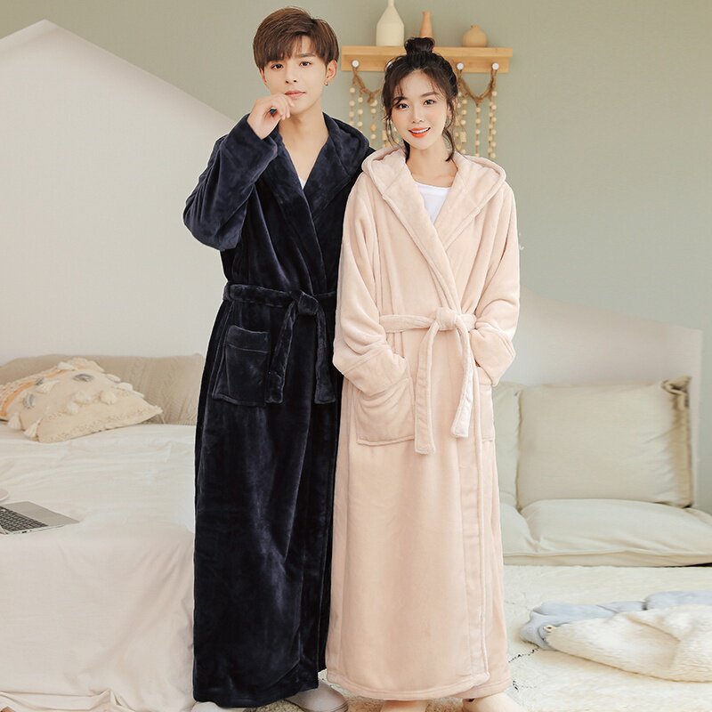 Nightgown women's winter long version coral velvet plus velvet thickened hooded flannel couples can wear home clothes men's bathrobes