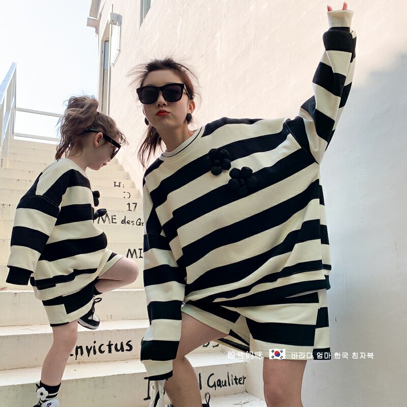 South Korea 2022 Spring and Autumn Dress New Foreign Pie's Flower Striped Casual Blouse Shorts Mother Women's Dress Damp