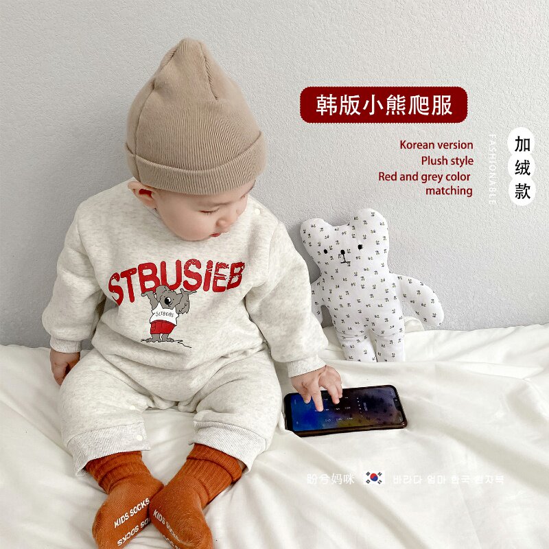 South Korean baby climbing for autumn and winter pure cotton plus suede thickened winter clothing baby warm and warm even to wear a hug