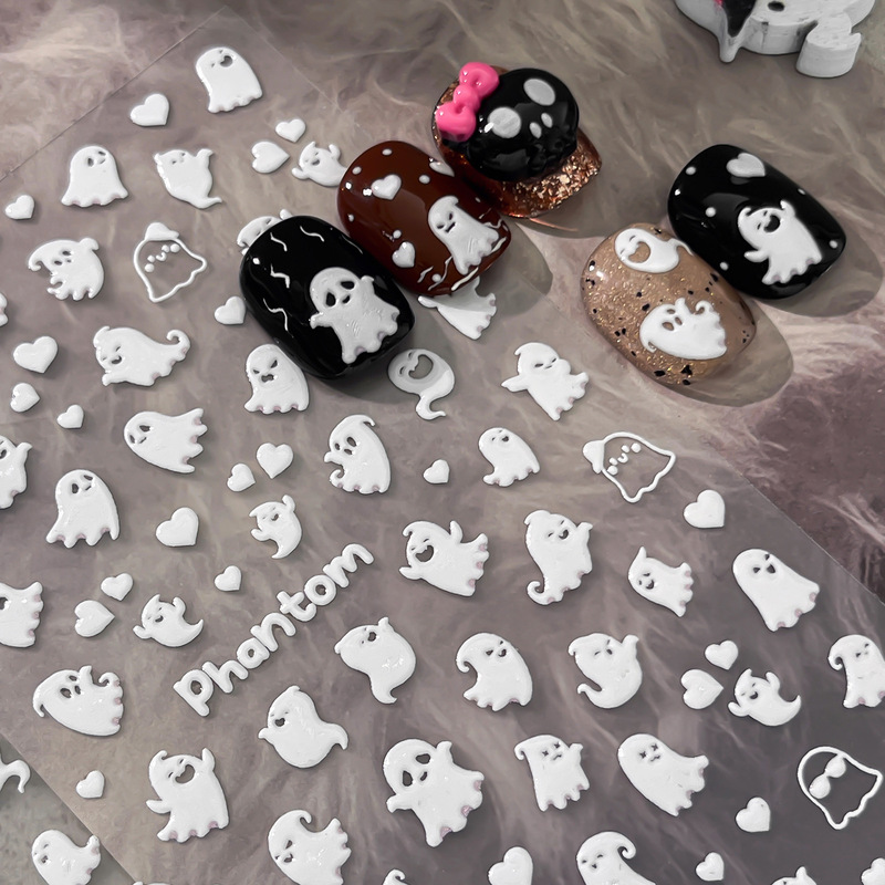 Cute White Ghost Nail Stickers 5D Embossed Adhesive Stickers Sweet and Cool Little Ghost Halloween DIY Nail Stickers