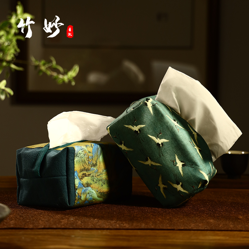 Chinese Tea Ceremony National Style Cloth Tissue Set Pumping Paper Bag Cotton Tissue Bag Tissue Box Tissue Bag Ancient Painting Tissue Box