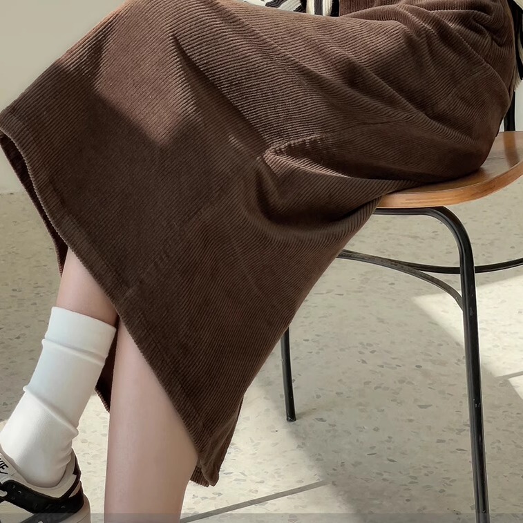 Coffee-Colored Mid-Length Skirt, Autumn and Winter Elastic Waist Corduroy Skirt, Melard A-Line Straight Long Skirt, Slimming Slit Skirt