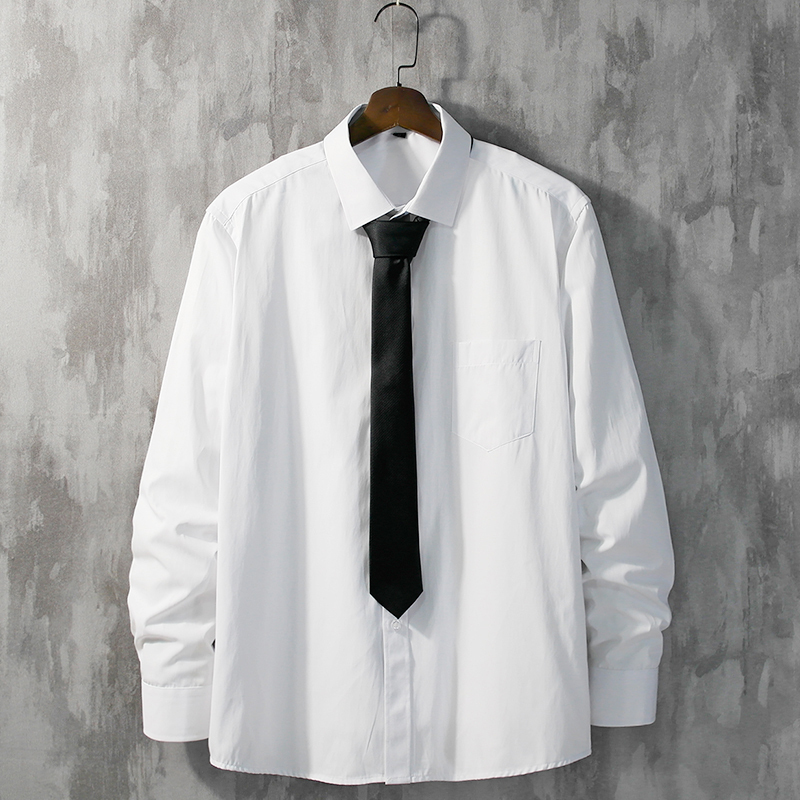 Men's Long-Sleeved Korean-Style Loose White Shirt with Tie, College Style Casual Student Spring and Autumn Top, Dk Uniform Class Uniform