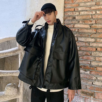 Spring and autumn motorcycle clothes soft leather mens trend loose Korean version of the trend handsome mens youth bomber jacket jacket