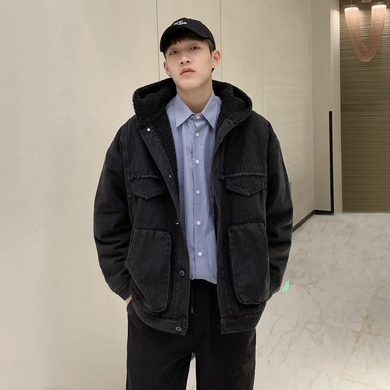Lamb hair denim jacket men's winter thickened garnter with hat Han version trendy denim Tide Easy and handsome 100 hitch