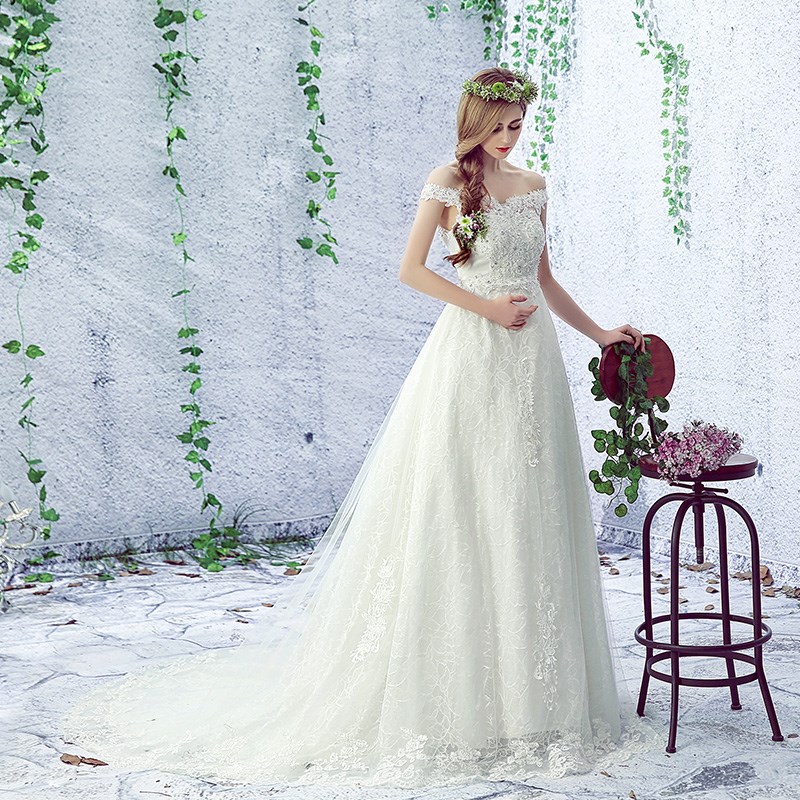 婚纱礼服2018新款新娘孕妇高腰一字肩拖尾公主梦幻结婚出门纱轻|msdalam kategori Butik wanita / wanita, perkahwinan/Cheongsam/pakaian, perkahwinan - dari Buy2taobao.com untuk memberikan perkhidmatan ejen Taobao profesional membeli