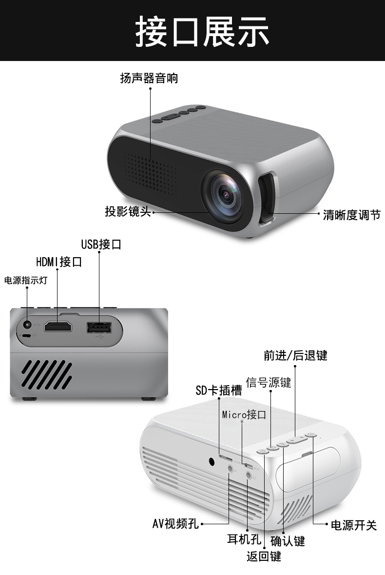 2019 mới Le Jiada YG320 máy chiếu điện thoại di động nhỏ HD micro máy chiếu gia đình 1080 rạp hát tại nhà di động phòng ngủ ký túc xá Android mini máy tính U đĩa không có màn hình TV - Máy chiếu