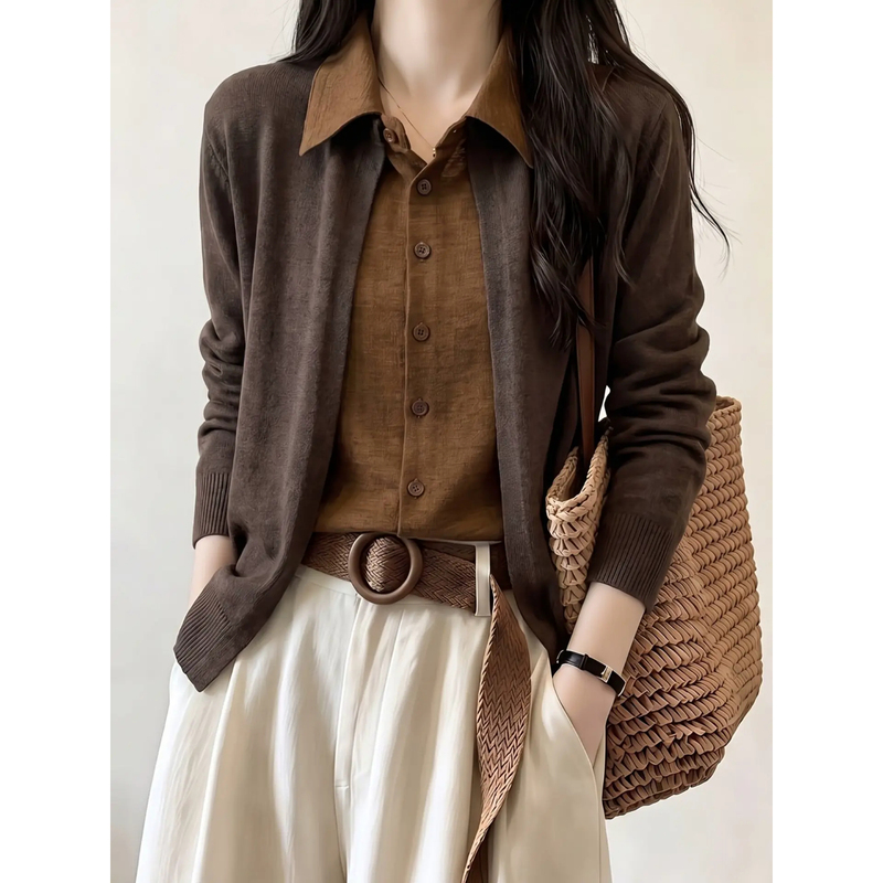 Old Money Style Single-Layer Design Fake Two-Piece Shirt Knitted Cardigan for Women, New Autumn Style, Light and Elegant, High-End Intellectual Top