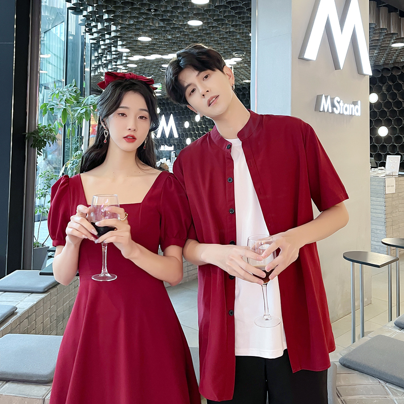 French-Style Couple Outfits, High-Quality Wedding Banquet Red Summer Fashion Elegant Mid-Length Dress, Stand-Up Collar Shirt for Men