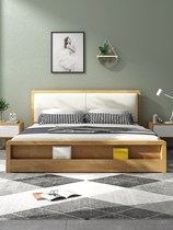 Lins wood Nordic soft pack solid wood bed 1 5m1 8m Modern simple master bedroom Japanese-style apartment Small apartment storage