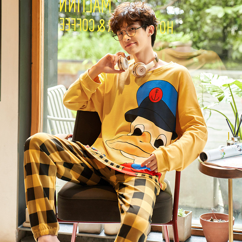 Long Sleeves Pyjamas Men's Pure Cotton Spring Autumn Style Men Cartoon Teenagers Students Fall Grand Children Full Cotton Home Suit Suit