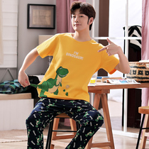 Pajamas men summer cotton short sleeve trousers home clothing spring and summer thin cotton youth middle school students cartoon men