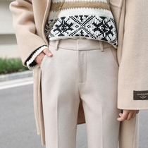 Simple quality rice white apricot-colored herringbone pattern suit woolen pants straight tube pants